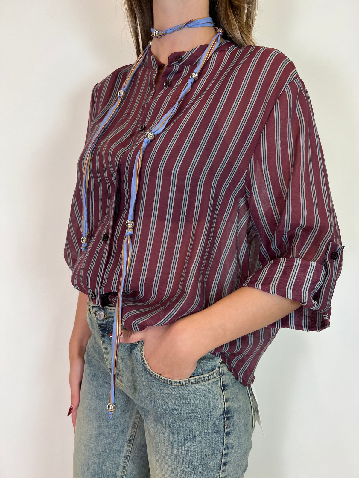 Camicia coreana con collana “Nomad” bordeaux - Haveone
