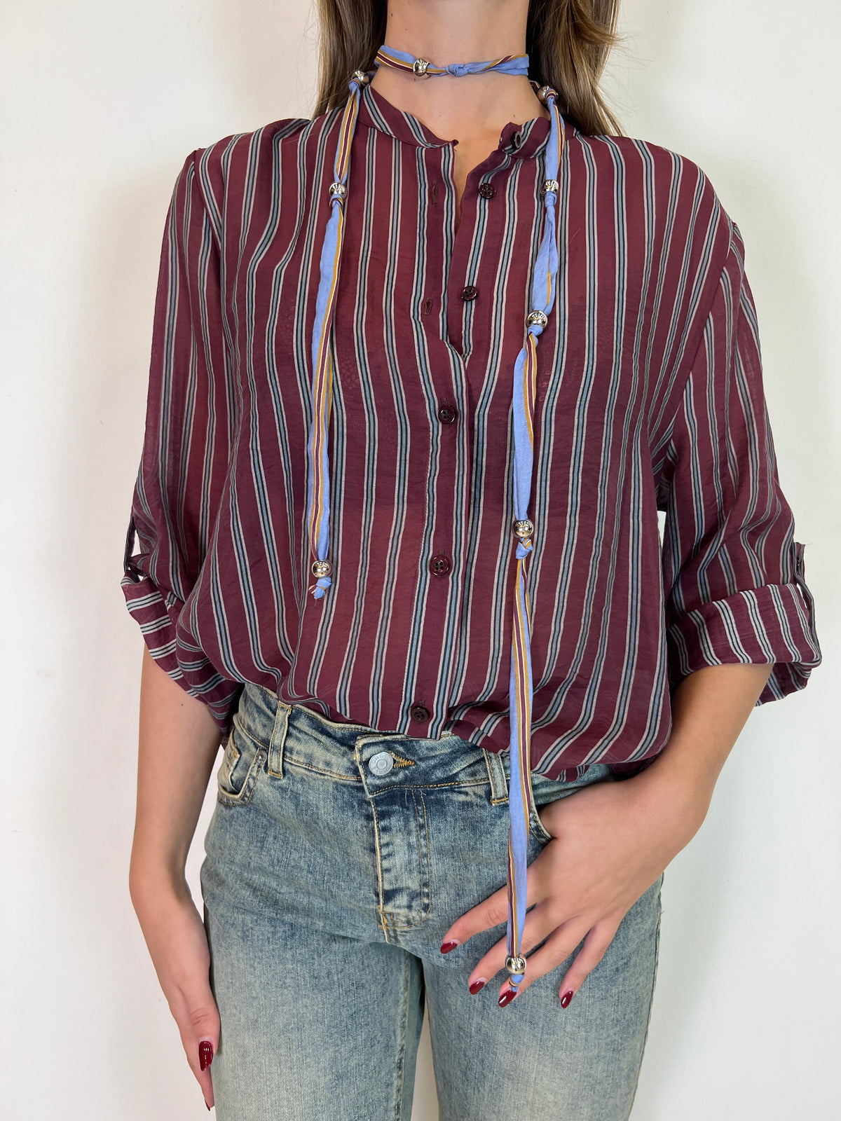 Camicia coreana con collana “Nomad” bordeaux - Haveone