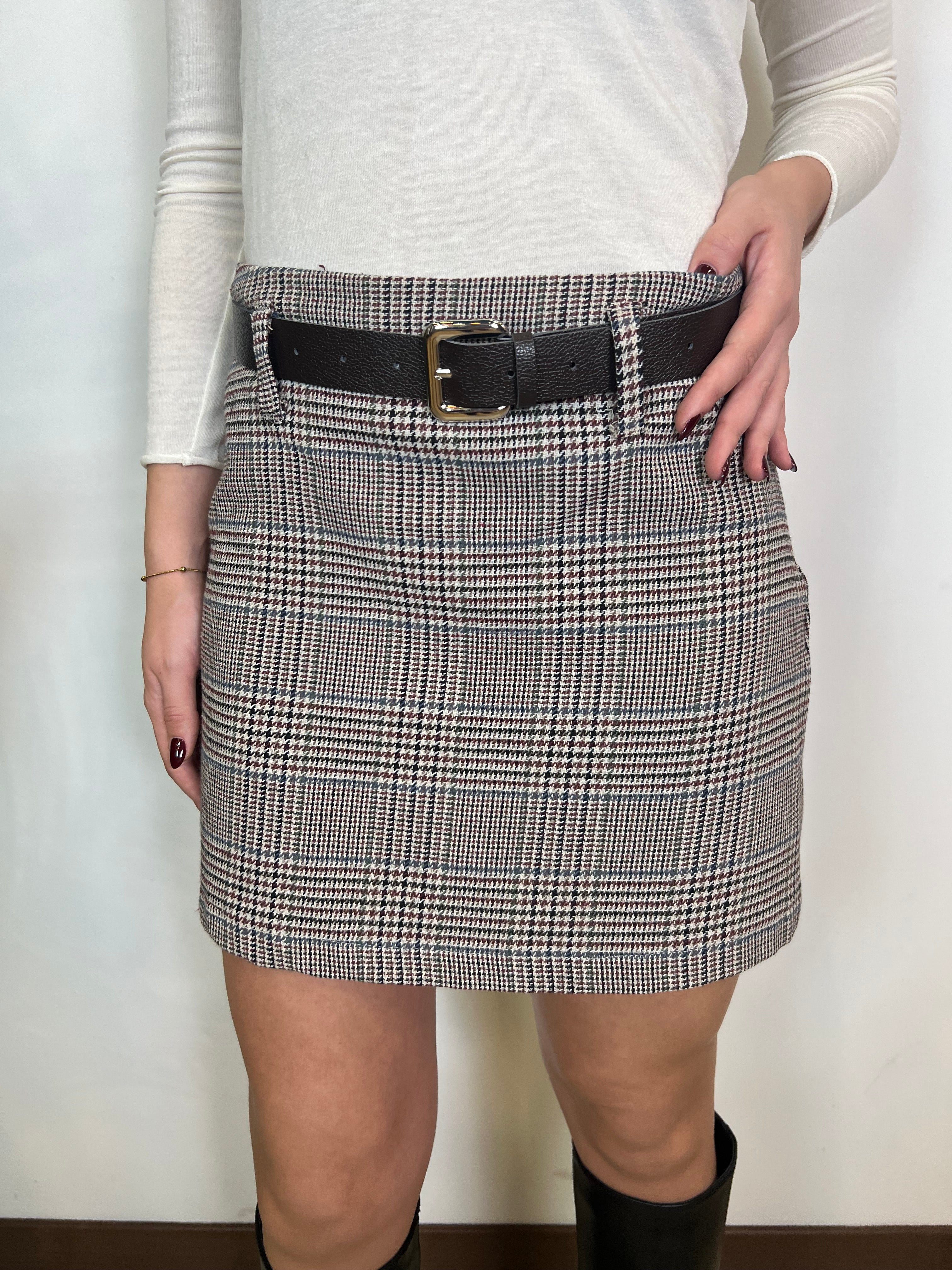 Gonna quadretti azzurro bordeaux con cintura - Haveone