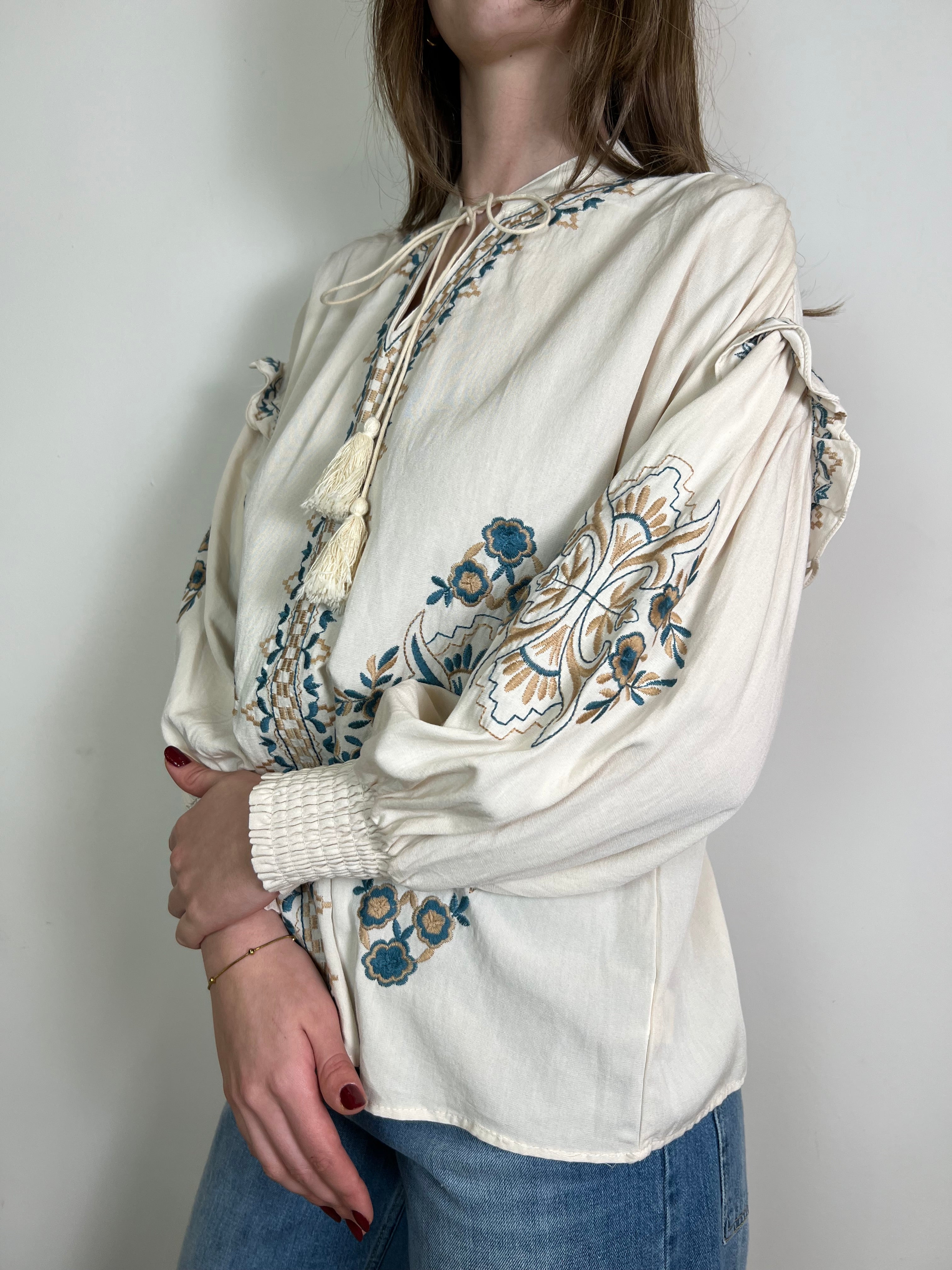 Blusa ricami ottanio e beige - Haveone