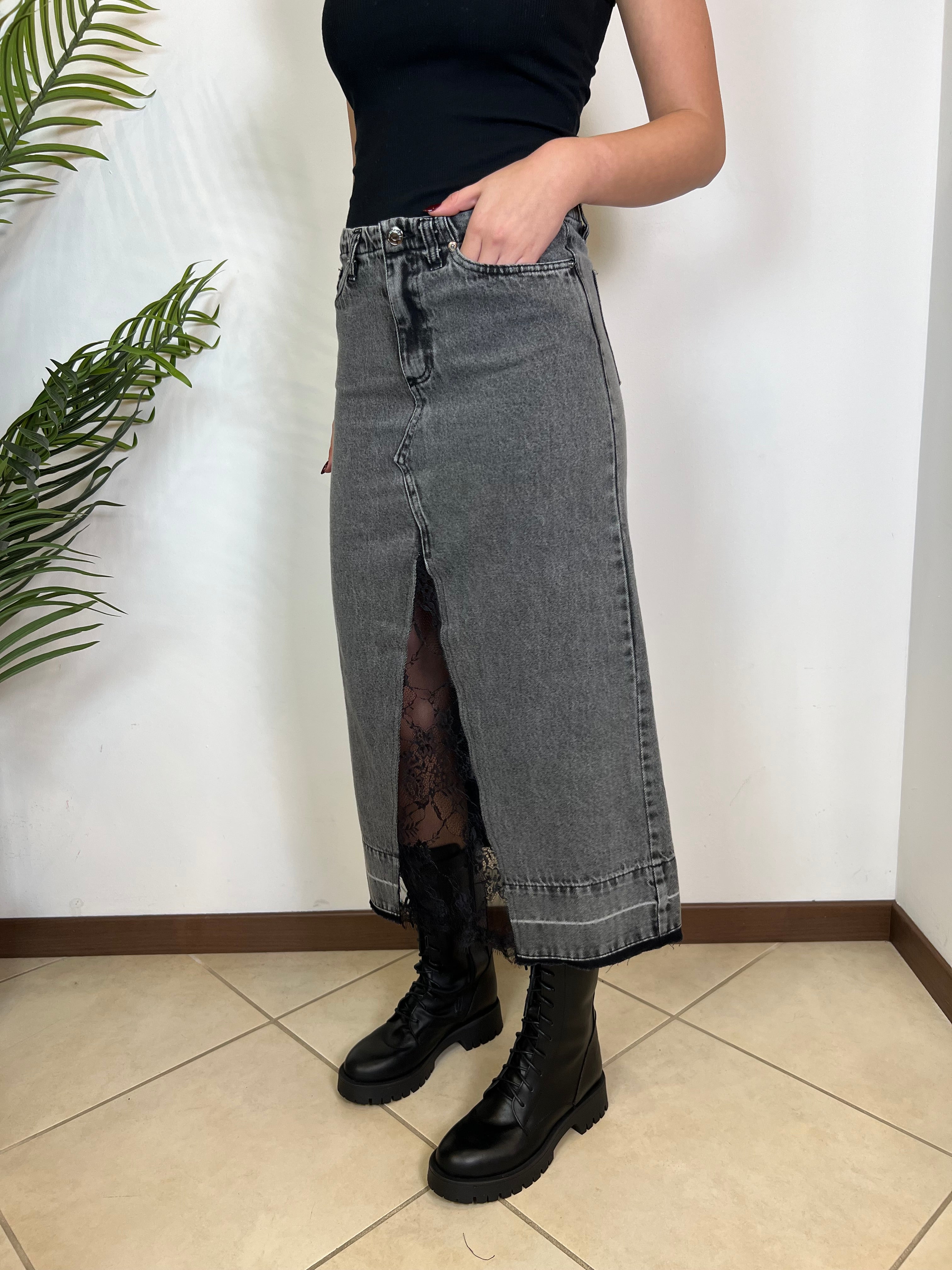 Gonna lunga denim grigio e pizzo - TensioneIn