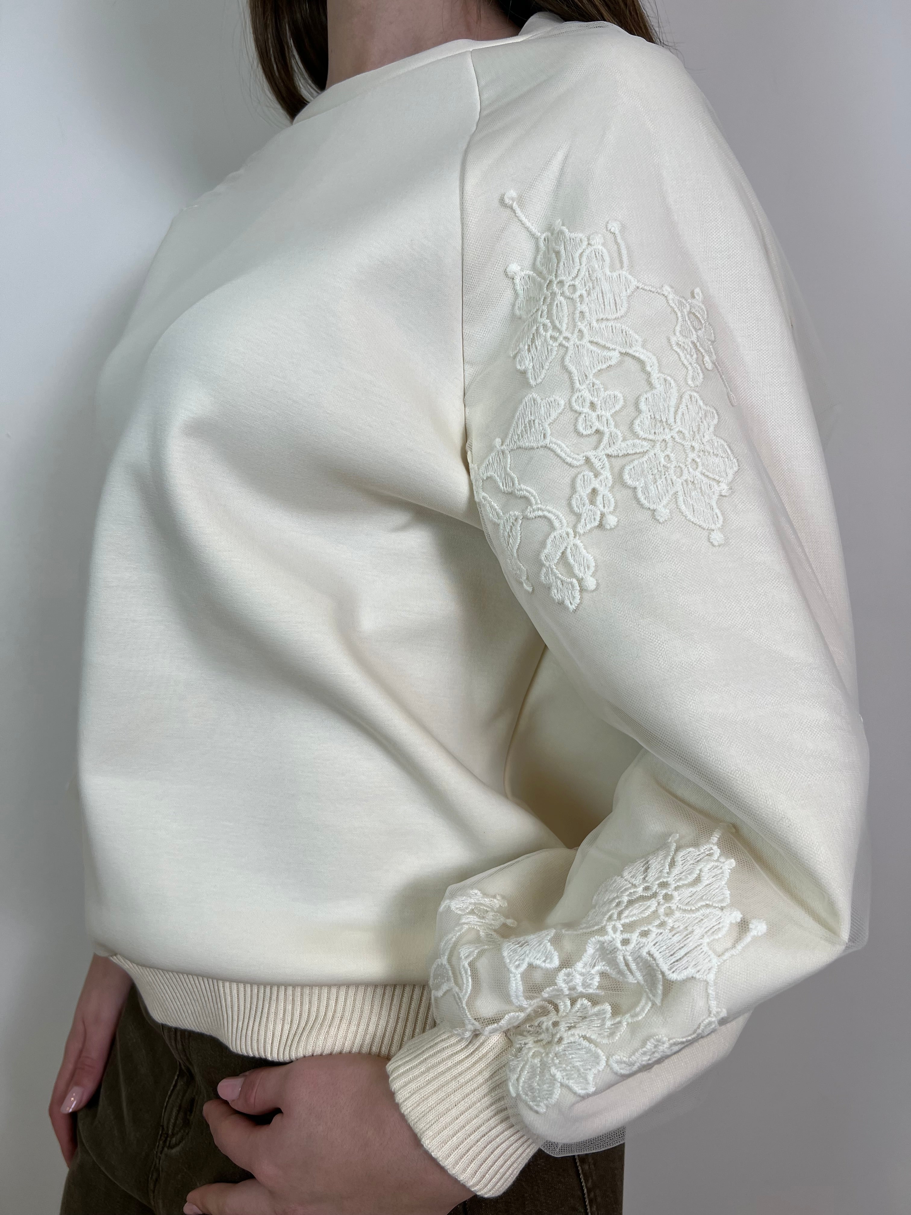 Felpa maniche tulle e pizzo - Haveone
