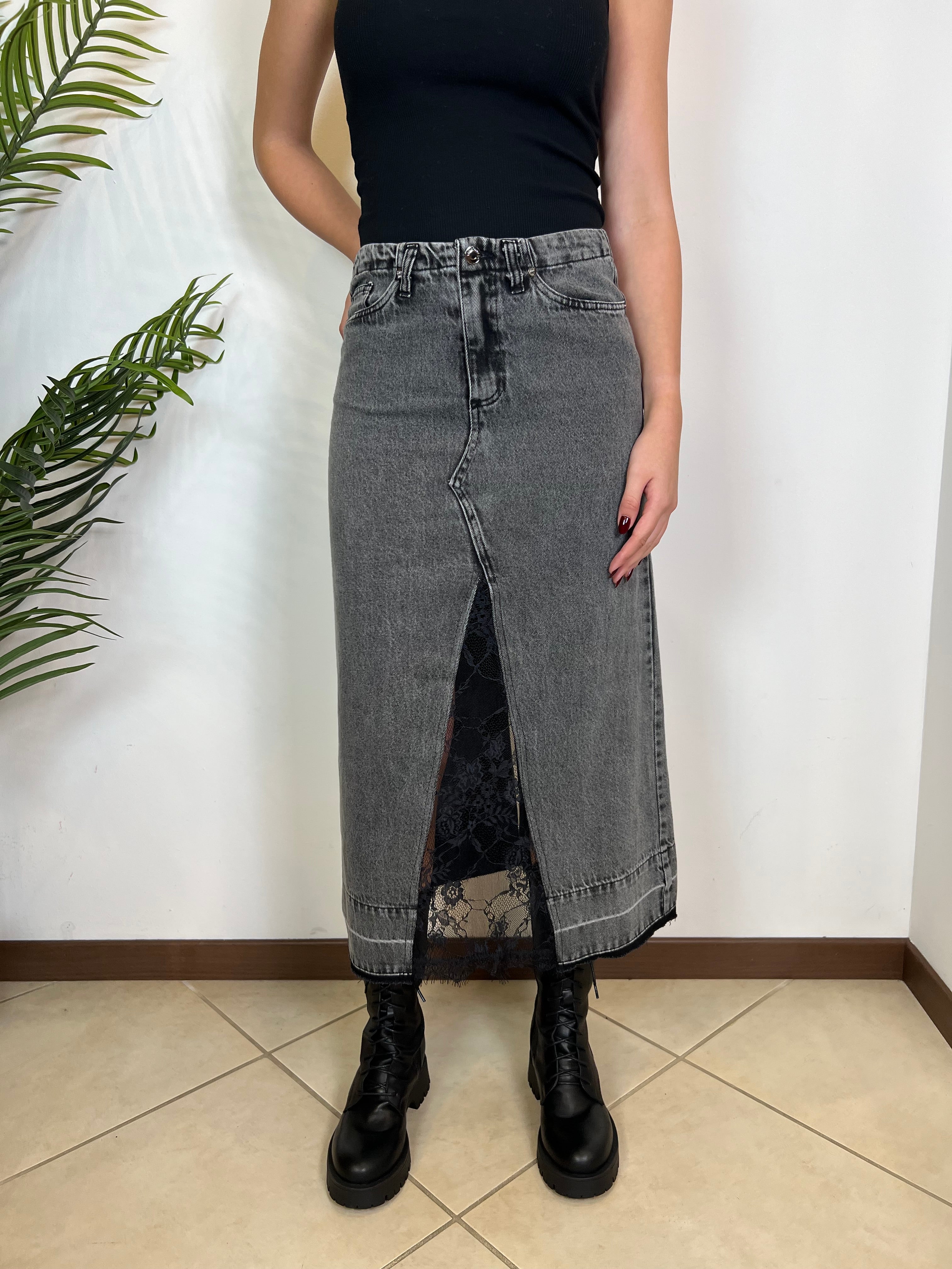 Gonna lunga denim grigio e pizzo - TensioneIn