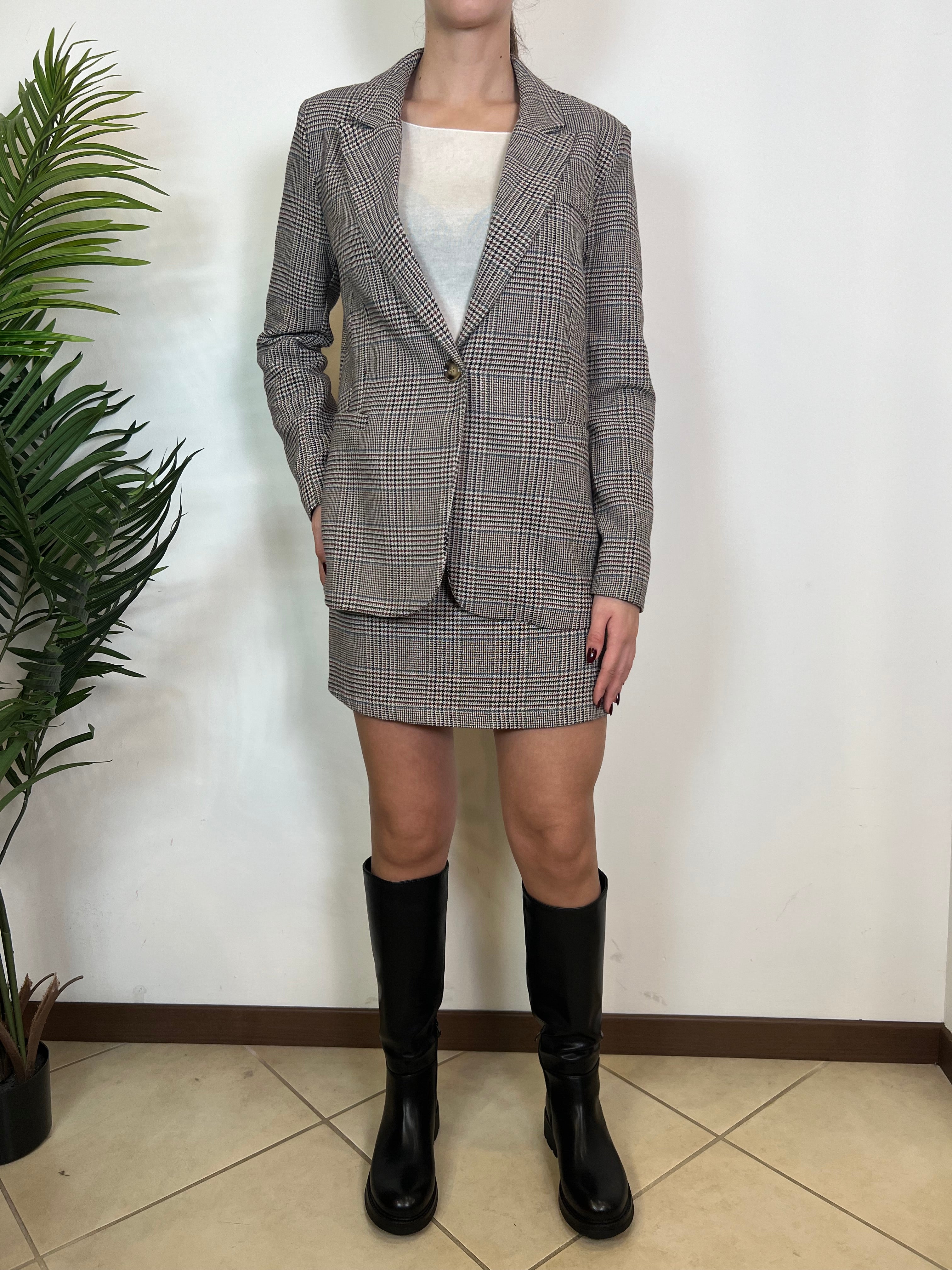 Gonna quadretti azzurro bordeaux con cintura - Haveone