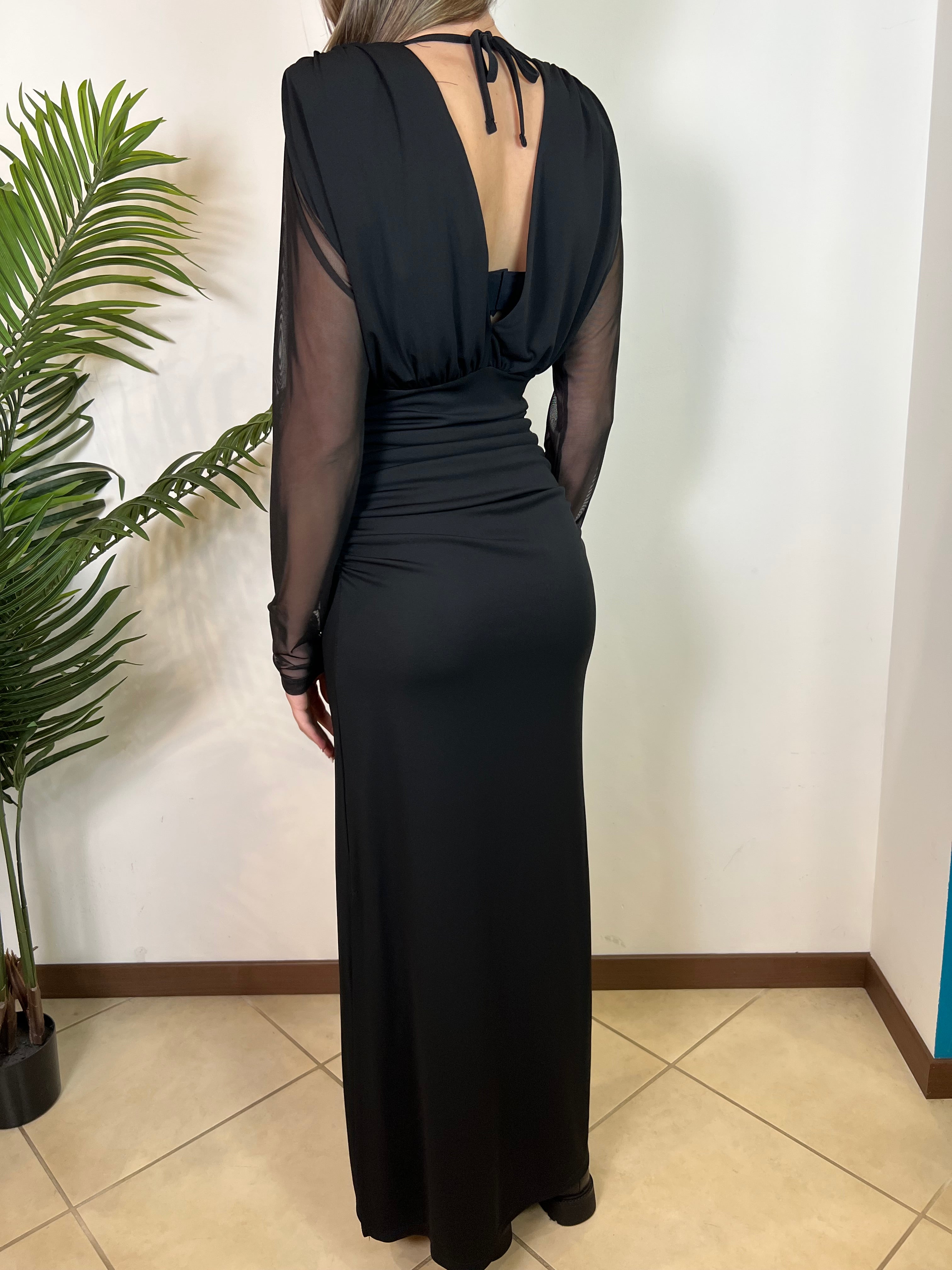 Abito lungo scollo v maniche tulle - Haveone