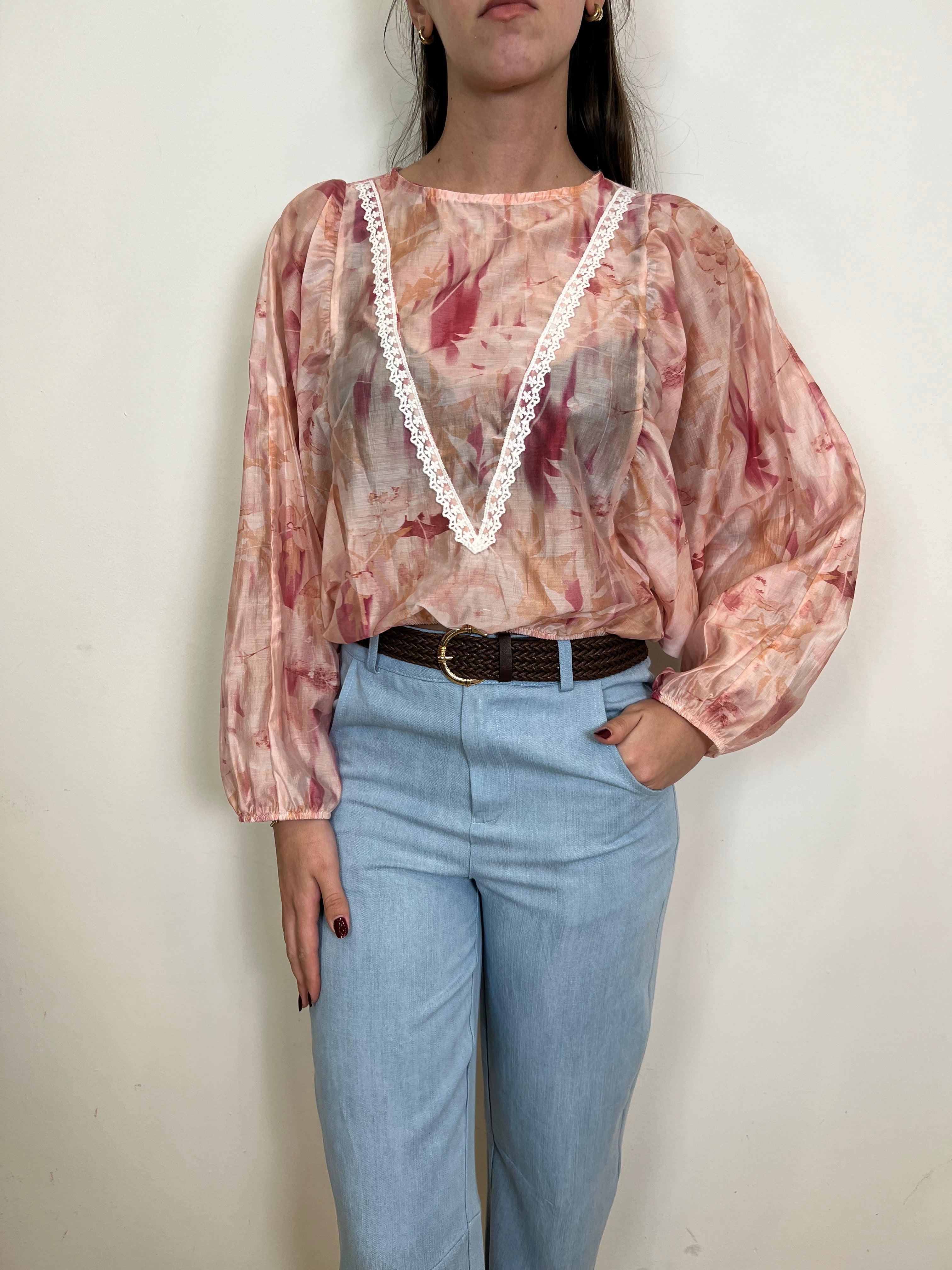 Blusa stampa rosa con ricamo - Haveone