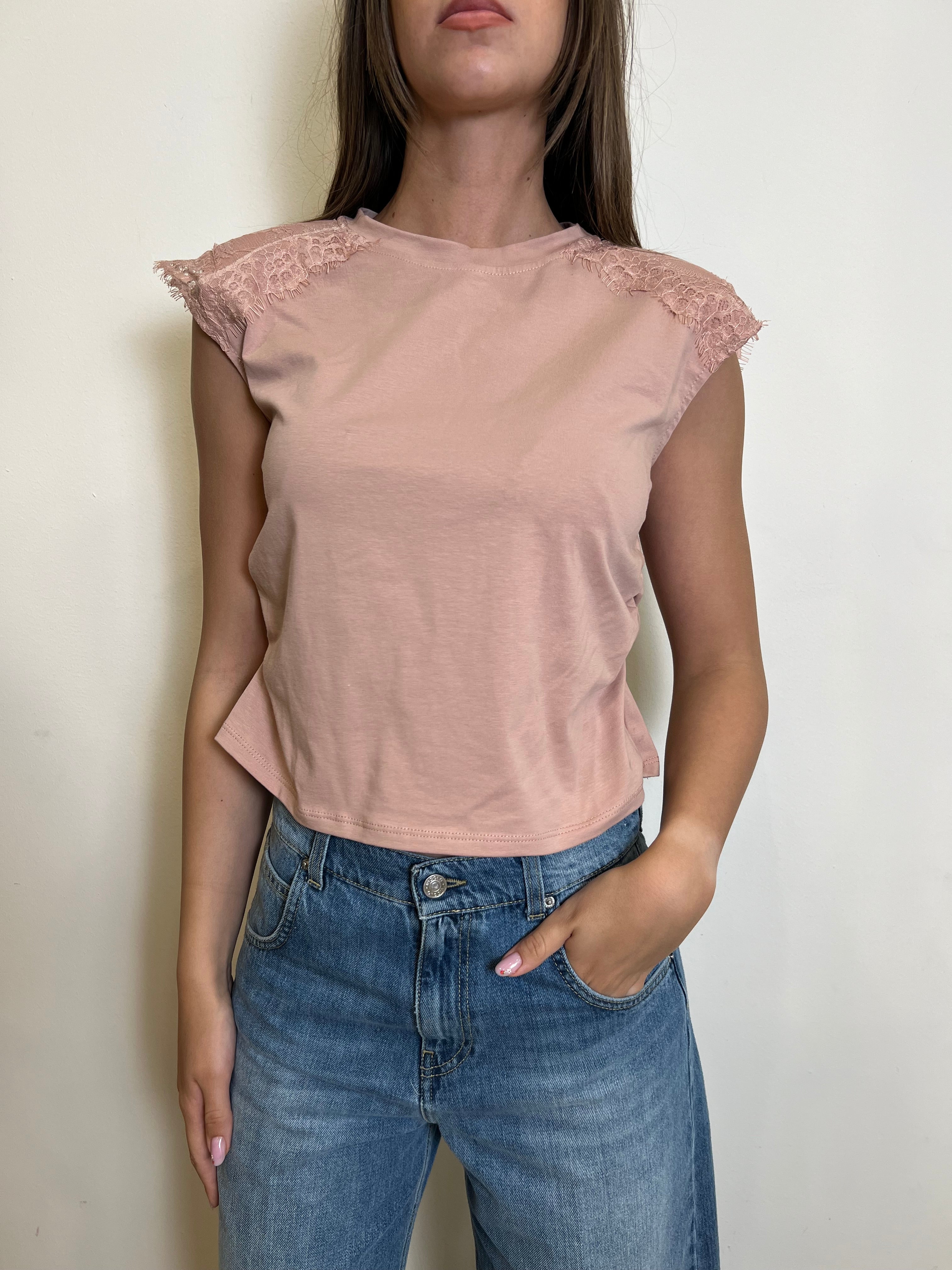 T-shirt spalline con pizzo e arriccio - Haveone