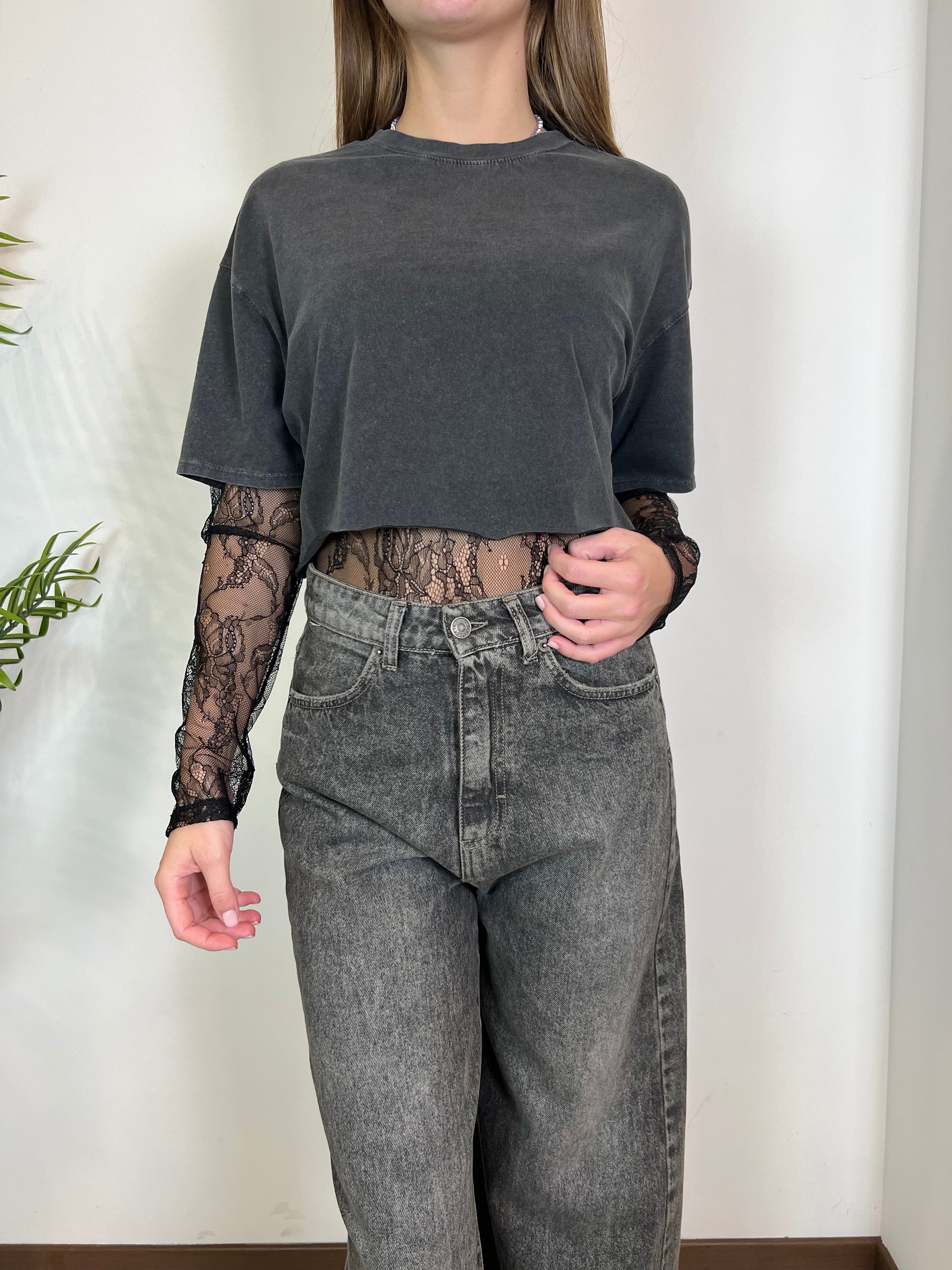 Body pizzo con t-shirt crop delavè - Haveone