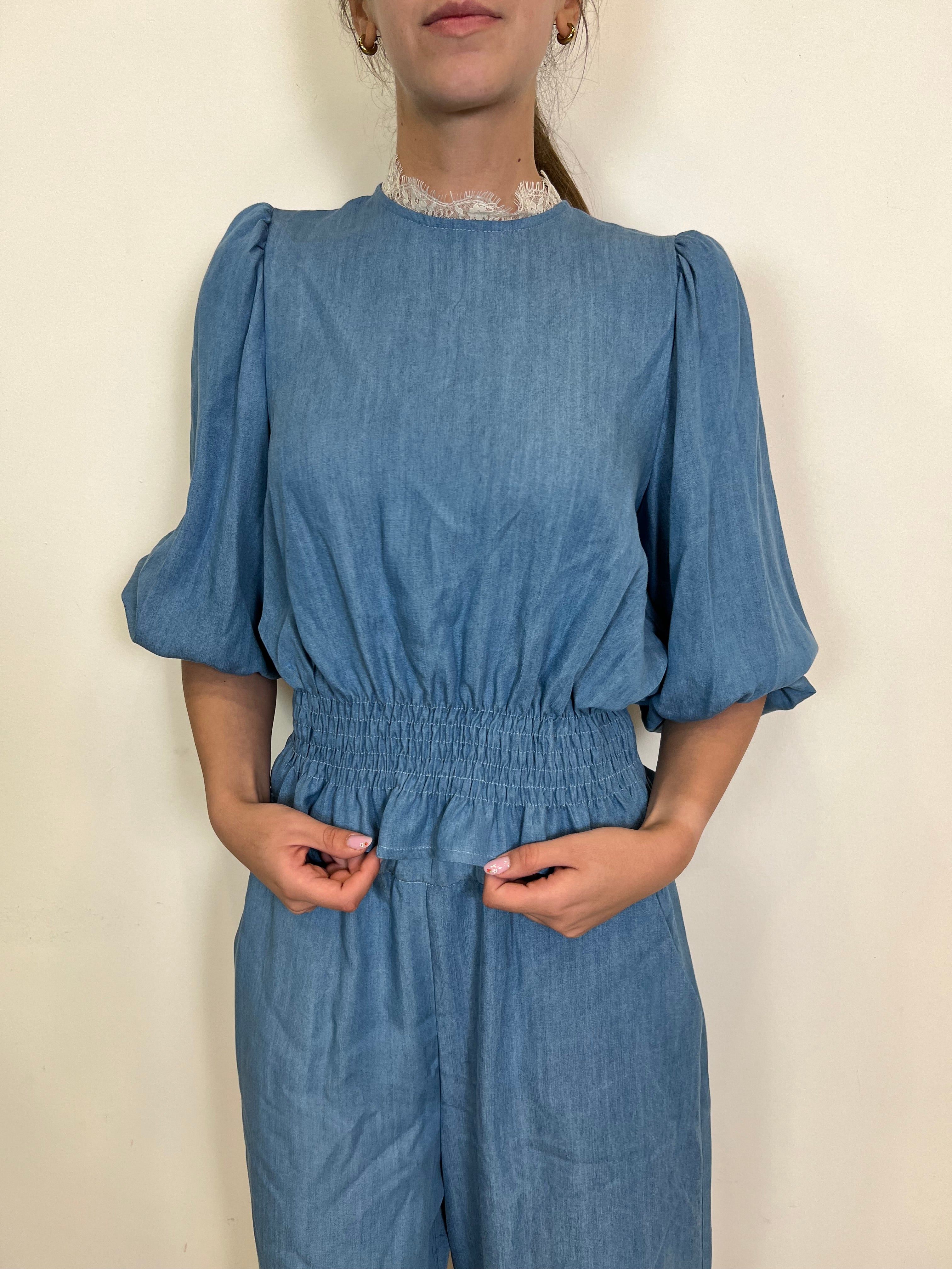 Blusa chambray arriccio e pizzo - Tensione In