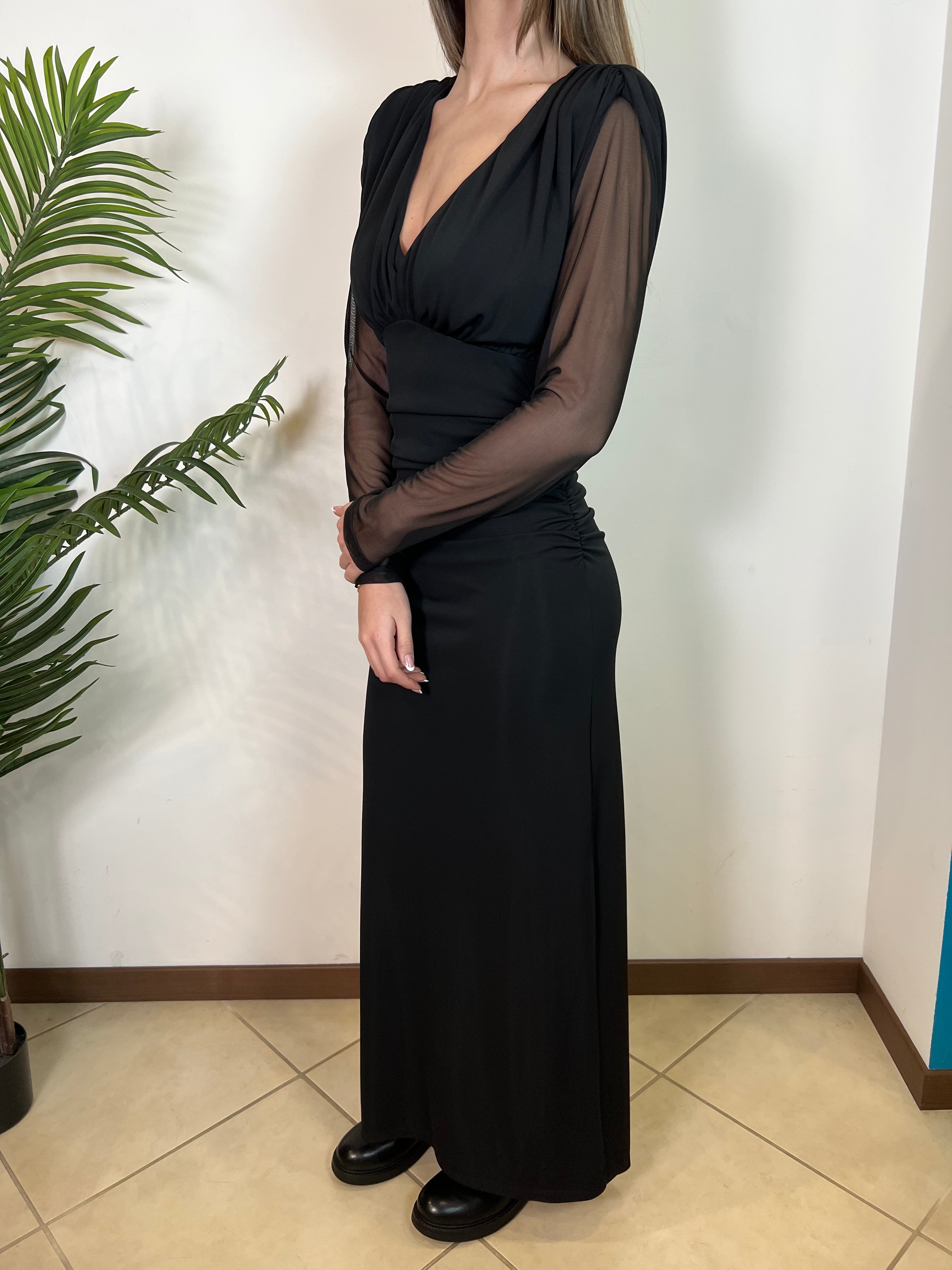 Abito lungo scollo v maniche tulle - Haveone