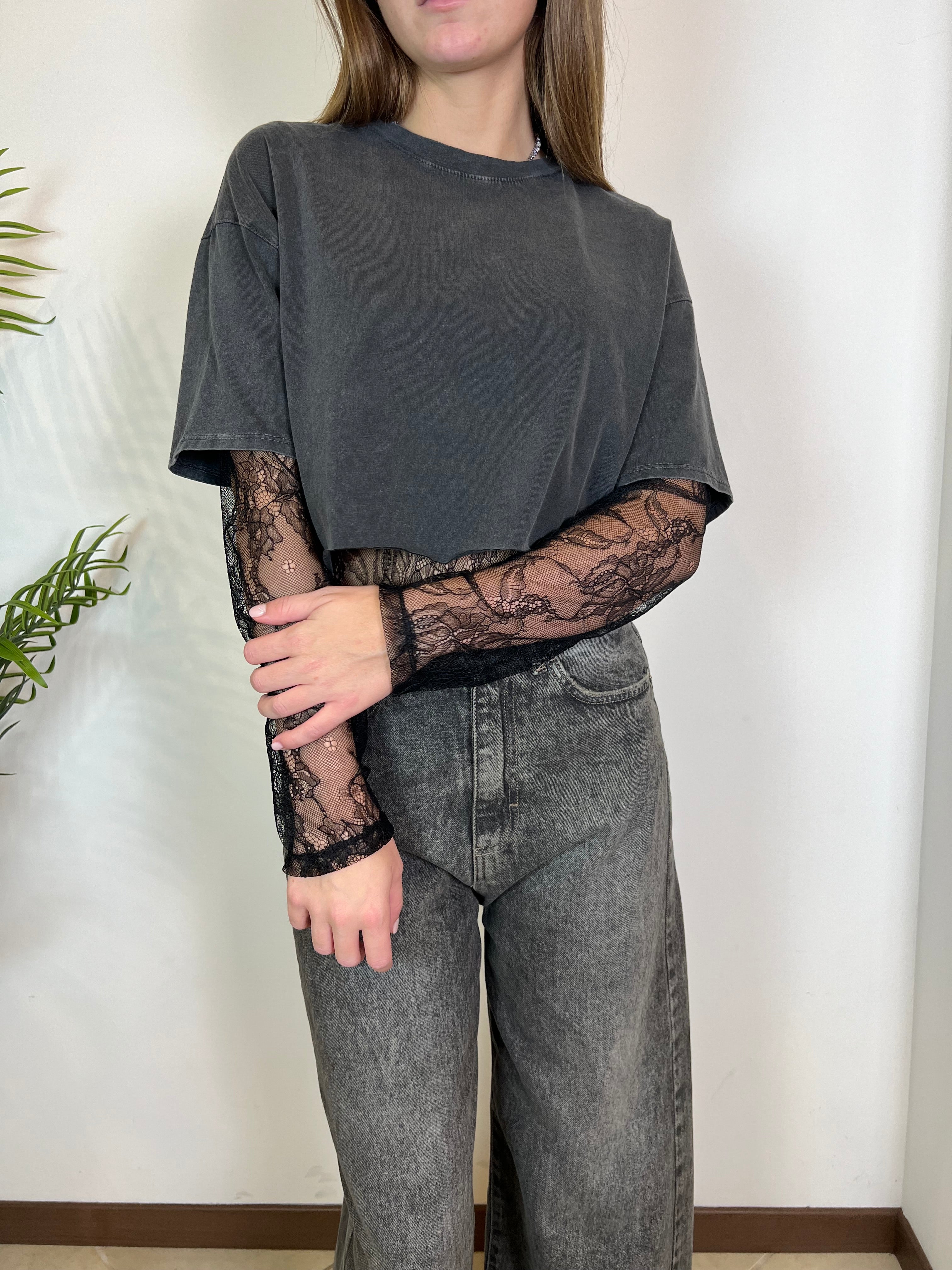 Body pizzo con t-shirt crop delavè - Haveone