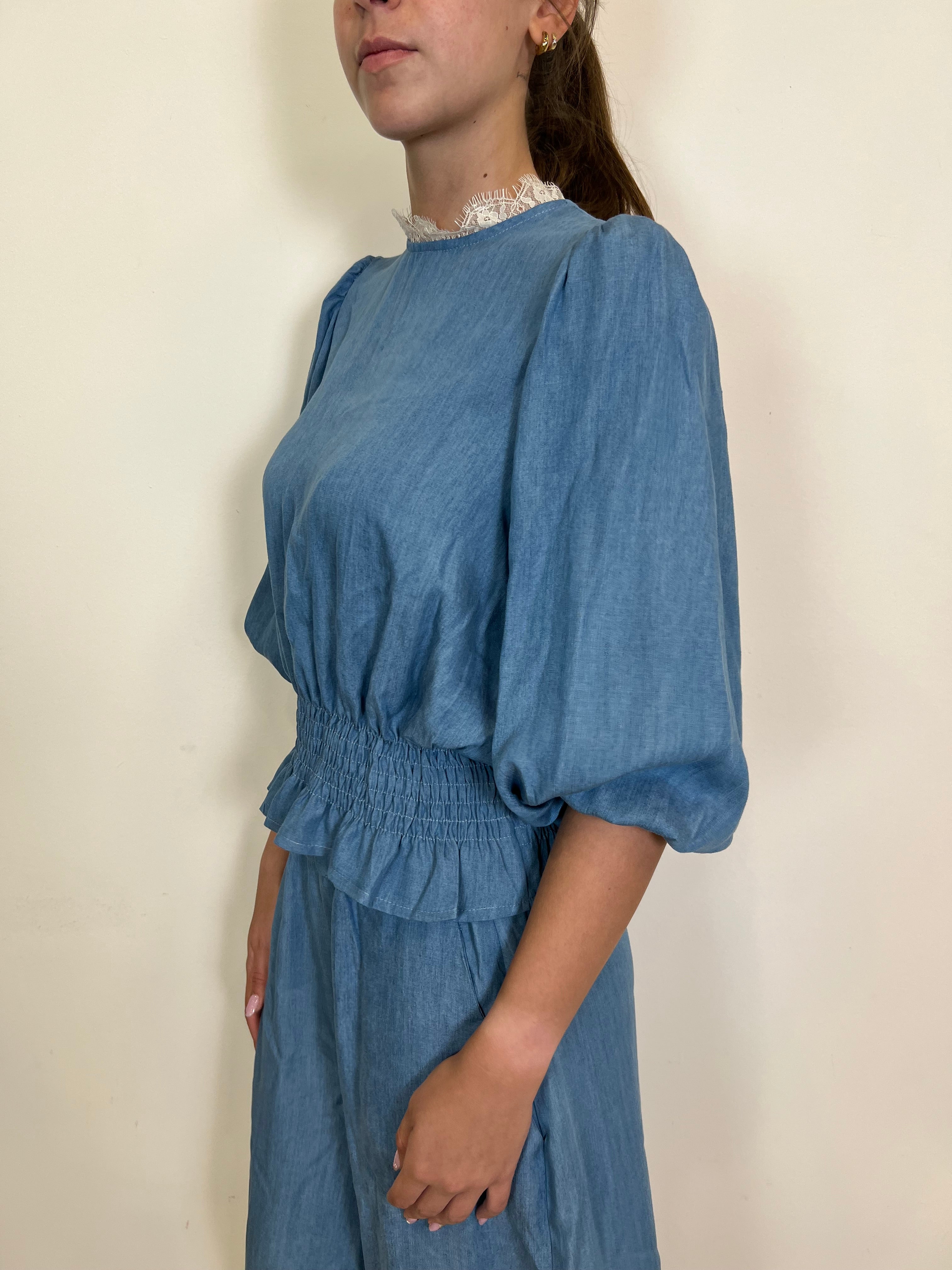 Blusa chambray arriccio e pizzo - Tensione In