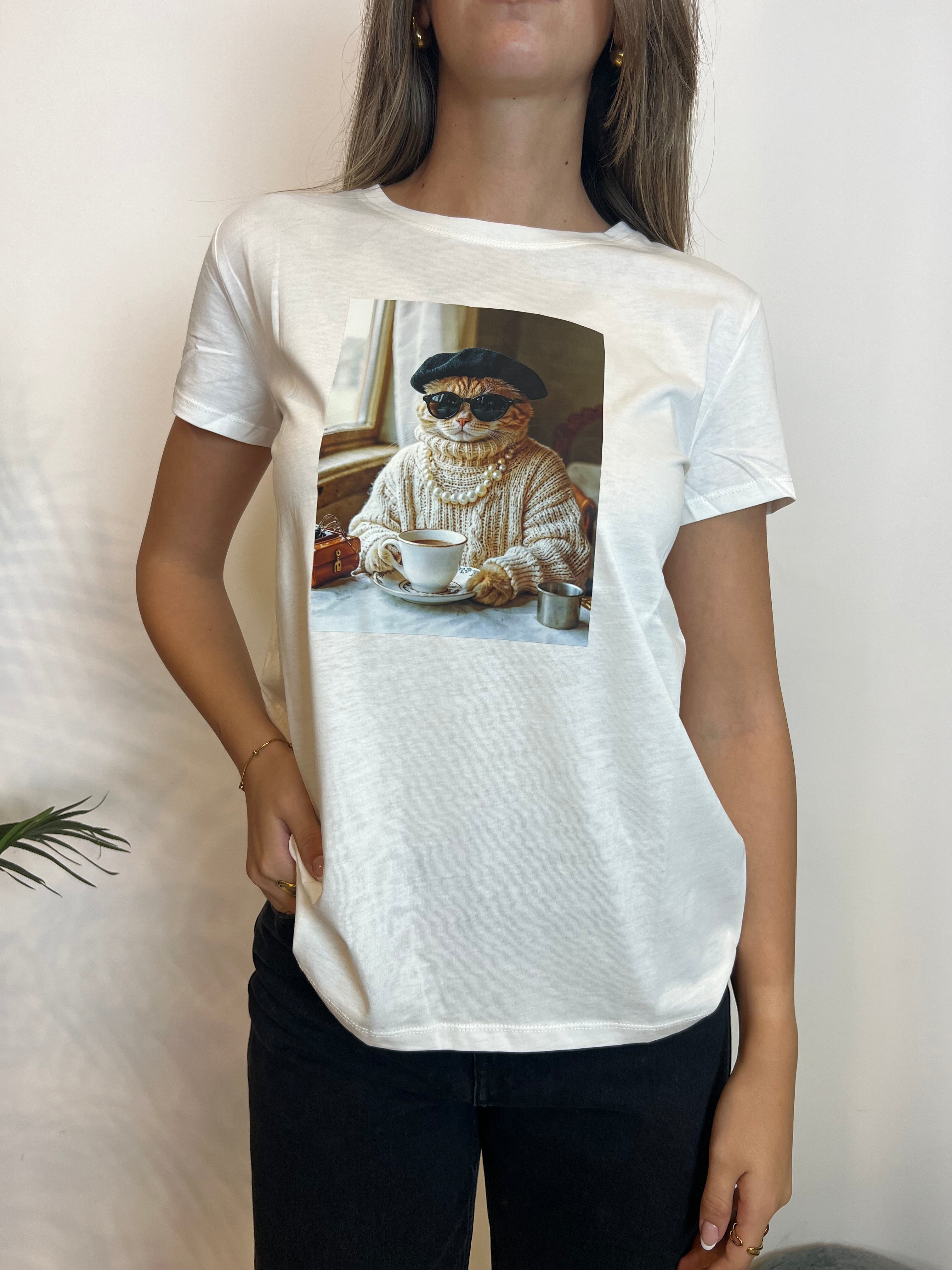 T-shirt stampa gatto colazione - Vicolo