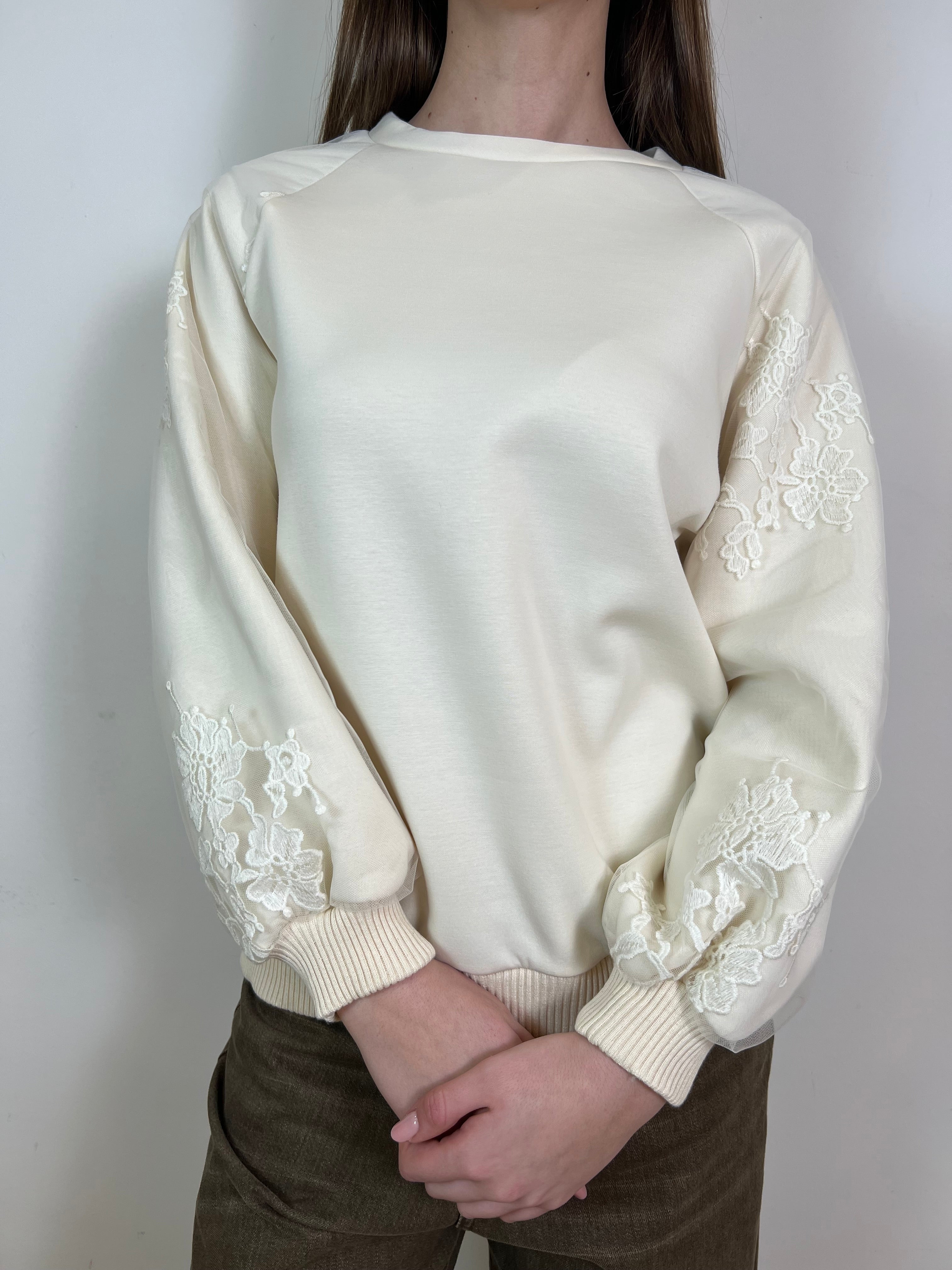 Felpa maniche tulle e pizzo - Haveone