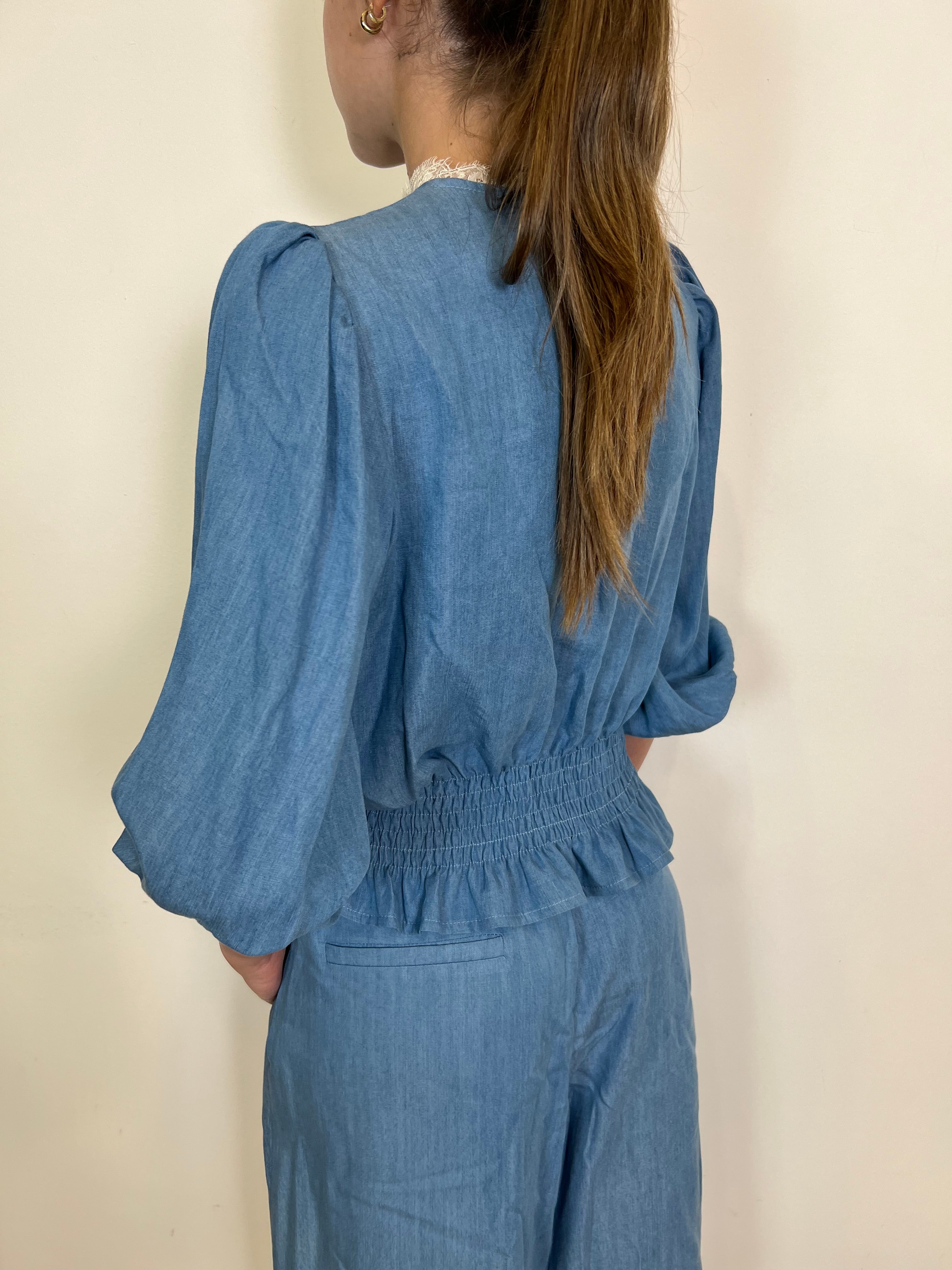 Blusa chambray arriccio e pizzo - Tensione In